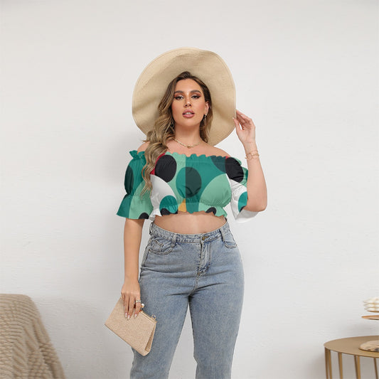 All-Over Print Women's Off-shoulder Cropped Top With Short Puff Sleeve