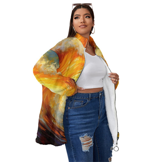 All-Over Print Unisex Borg Fleece Stand-up Collar Coat With Zipper Closure(Plus Size)