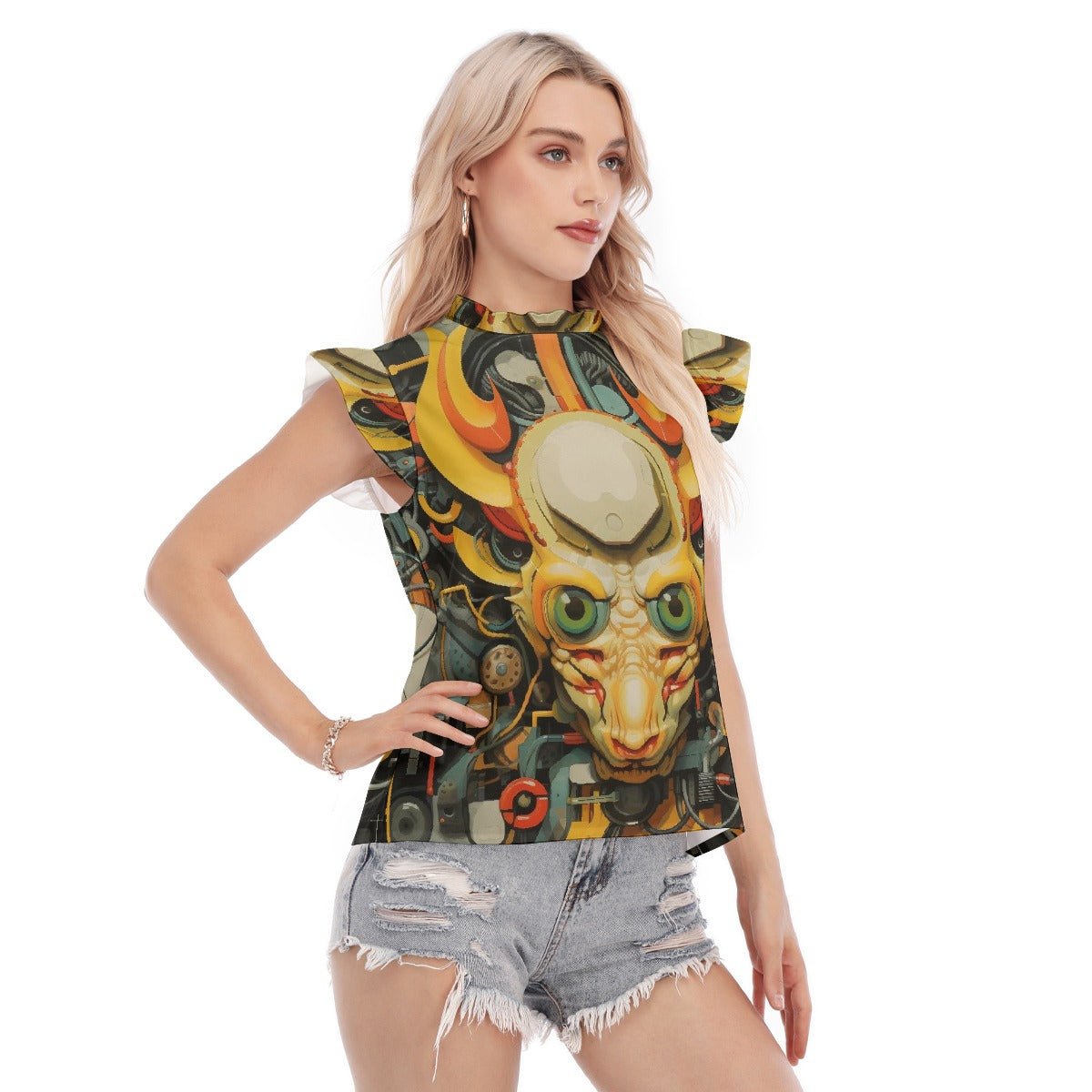 All-Over Print Women's Blouse With Ruffle Collar And Sleeve