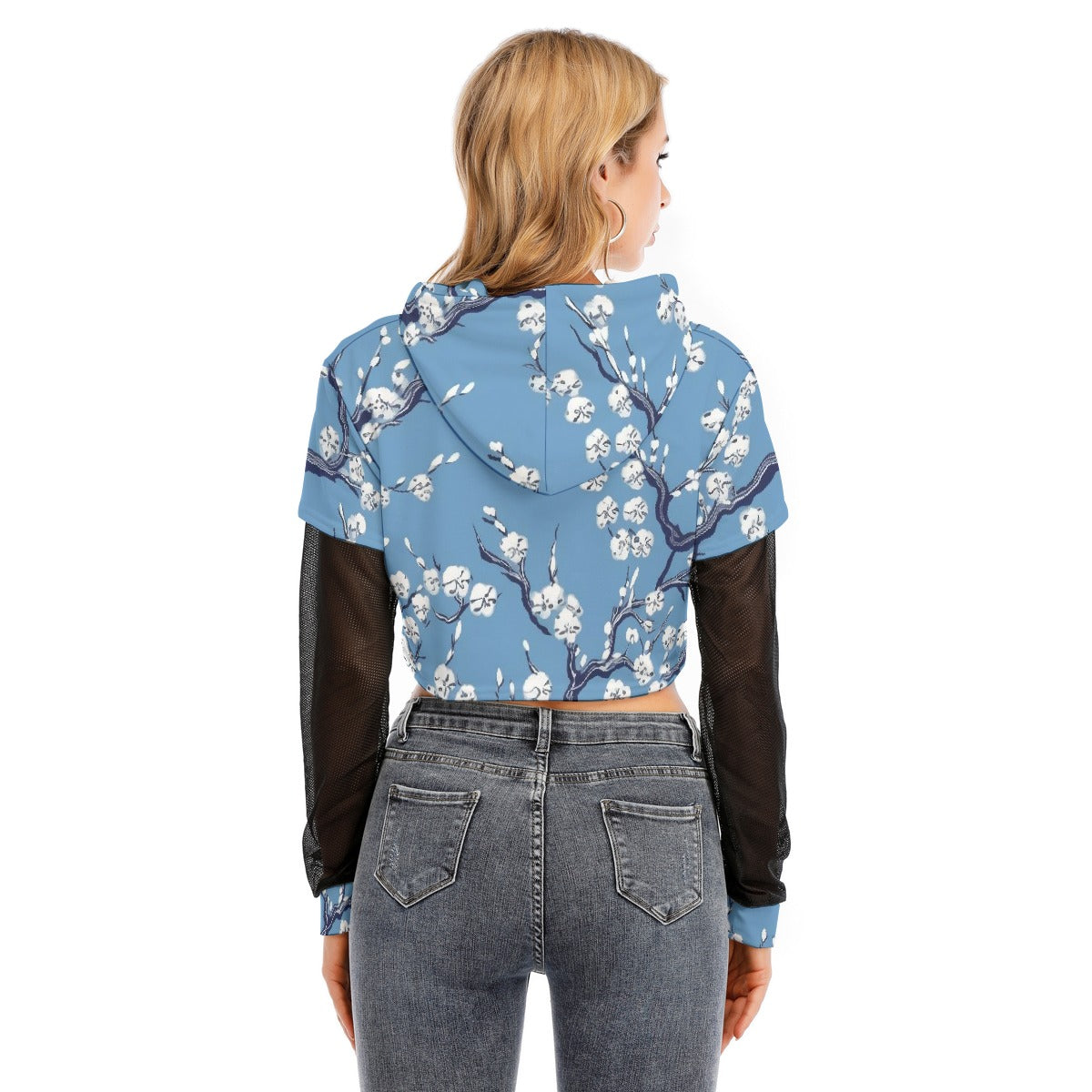 All-Over Print Women's Fake Two-piece Mesh Sleeve Cropped Hoodie