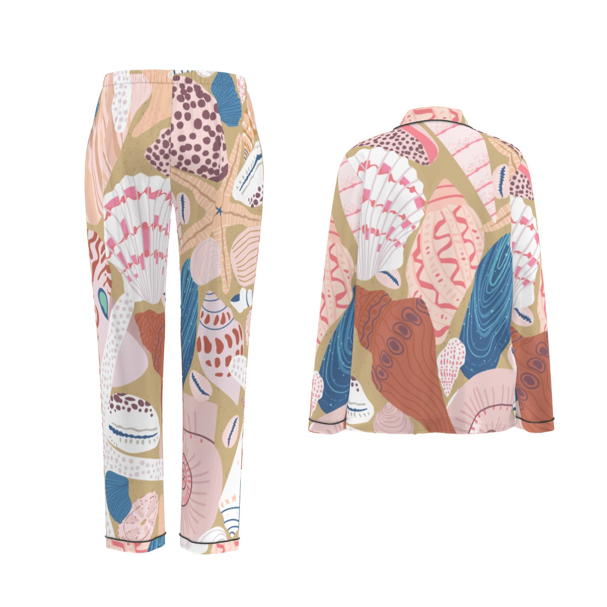 All-Over Print Women's Long Sleeve Pajama Set With Black Contrast Piping