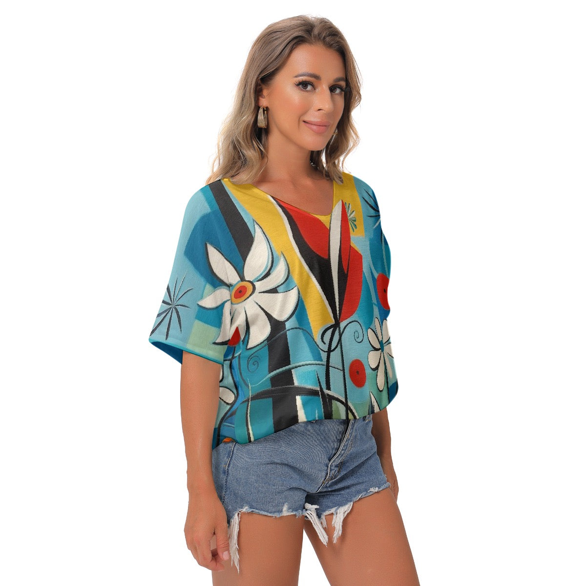 All-Over Print Women's Bat Sleeves V-Neck Blouse