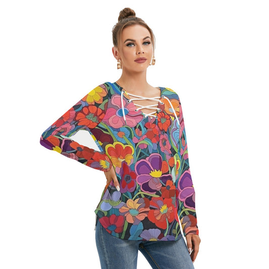 All-Over Print Women's Long Sleeve Neckline Tie Sweatshirt