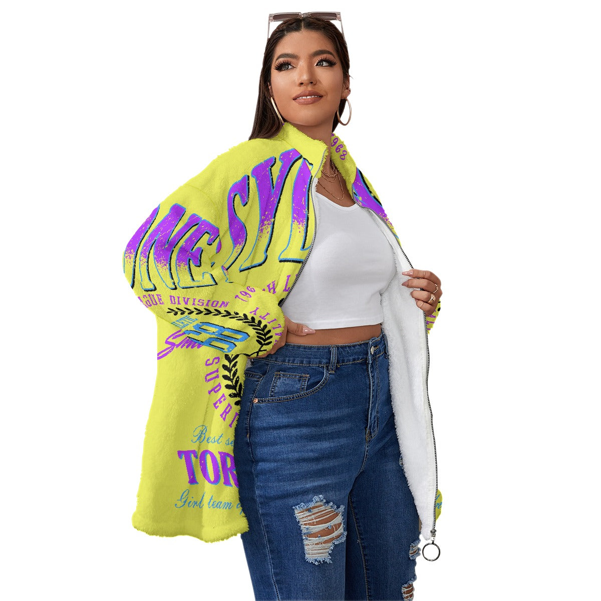 All-Over Print Unisex Borg Fleece Stand-up Collar Coat With Zipper Closure(Plus Size)