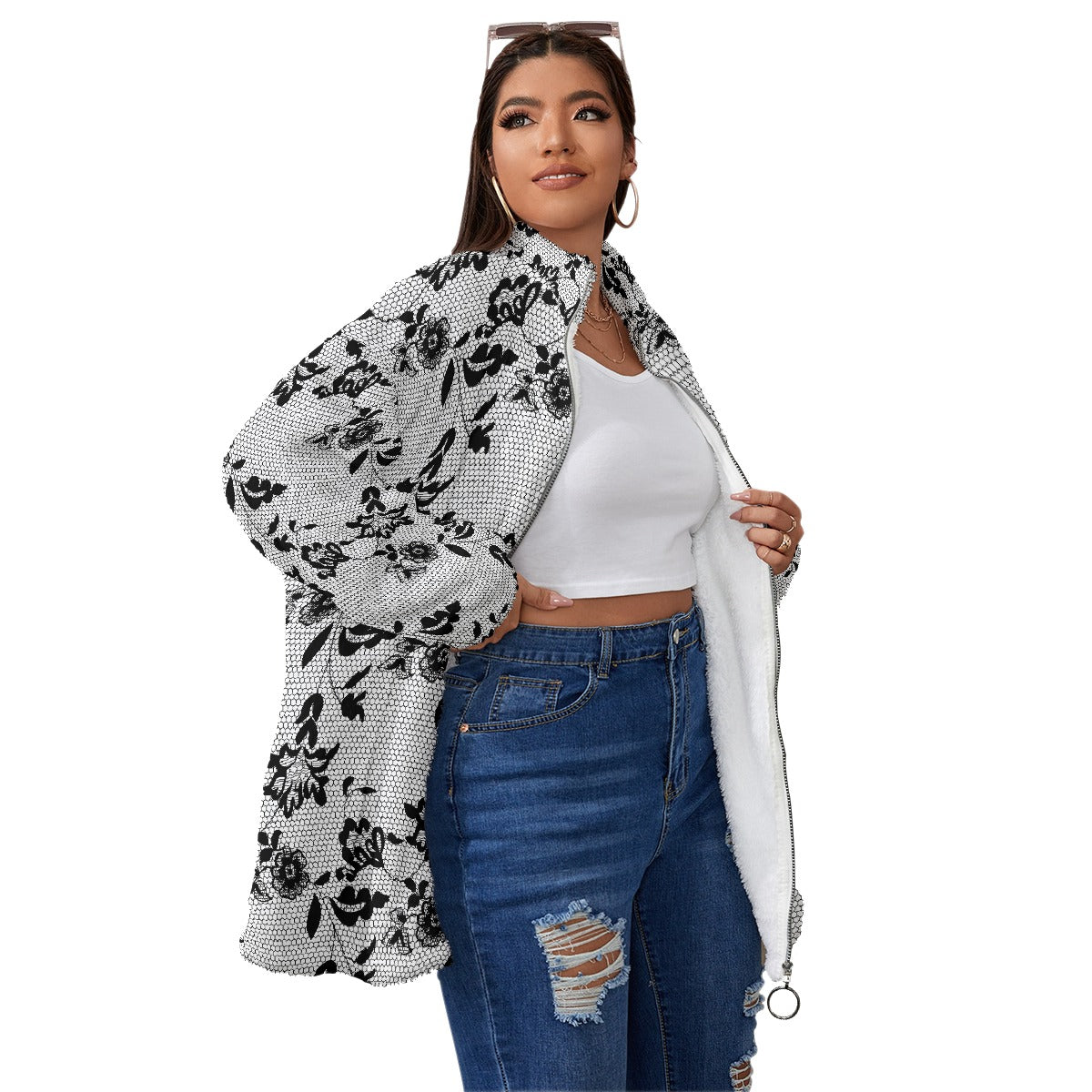 All-Over Print Unisex Borg Fleece Stand-up Collar Coat With Zipper Closure(Plus Size)