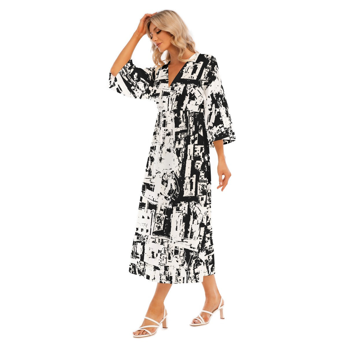 All-Over Print Women's Mid-Sleeve Long Dress