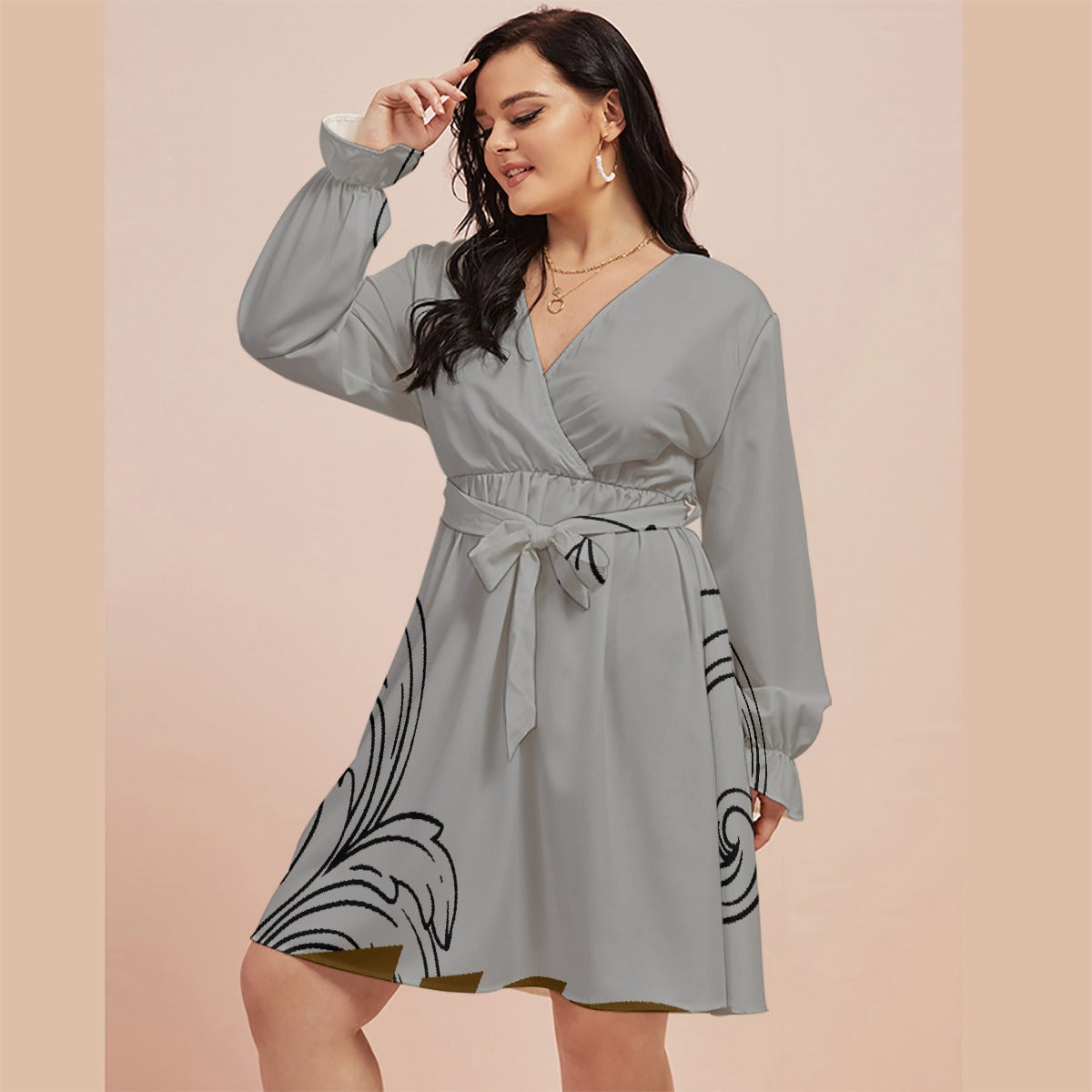 All-Over Print Women's V-neck Dress With Waistband(Plus Size)