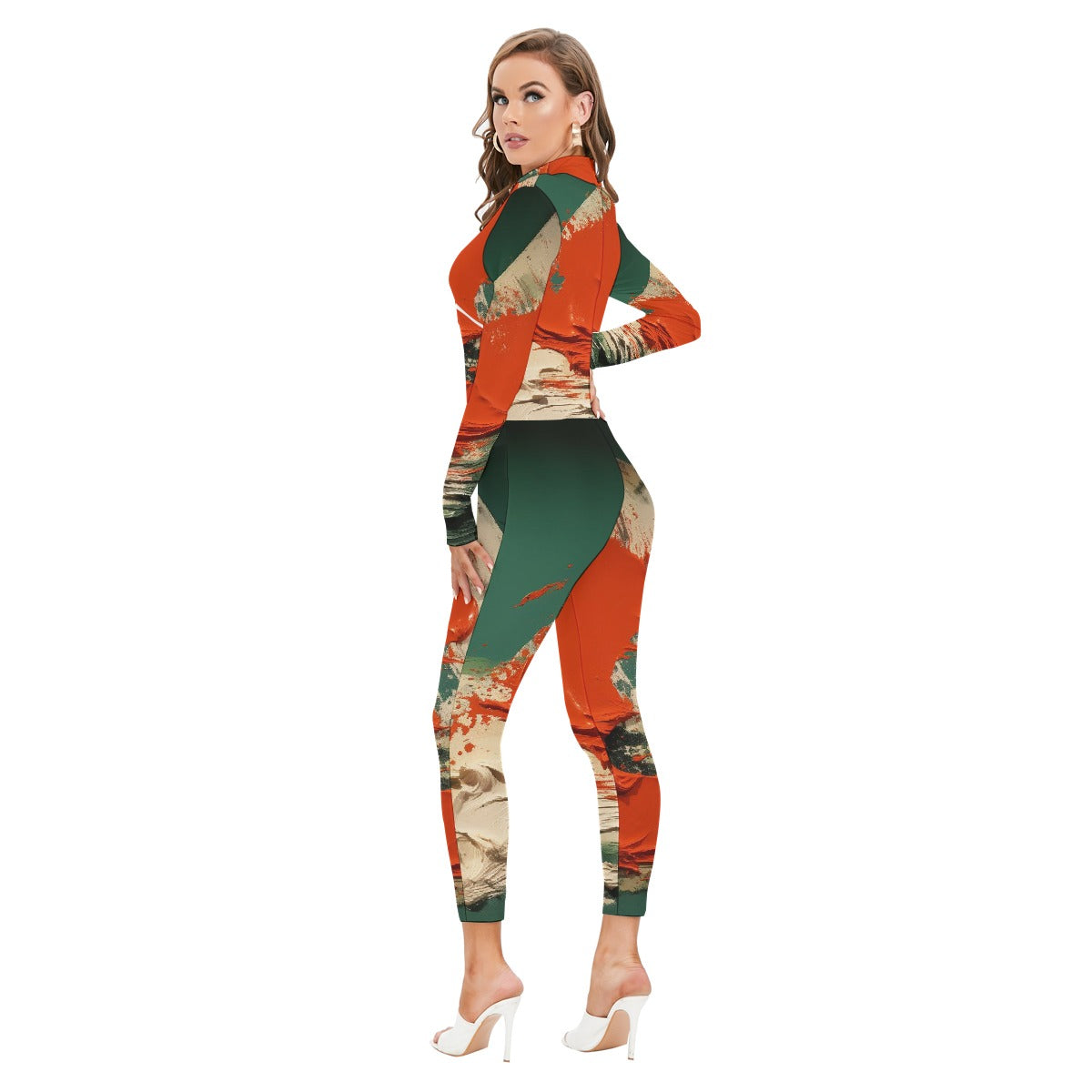 All-Over Print Women's Long-sleeved High-neck Jumpsuit With Zipper