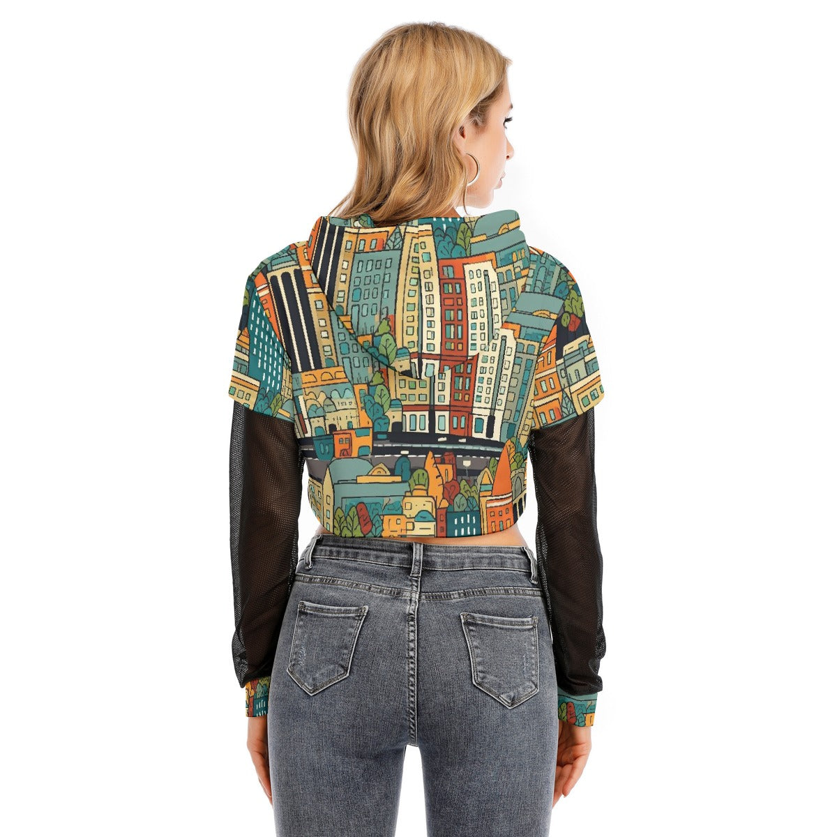 All-Over Print Women's Fake Two-piece Mesh Sleeve Cropped Hoodie