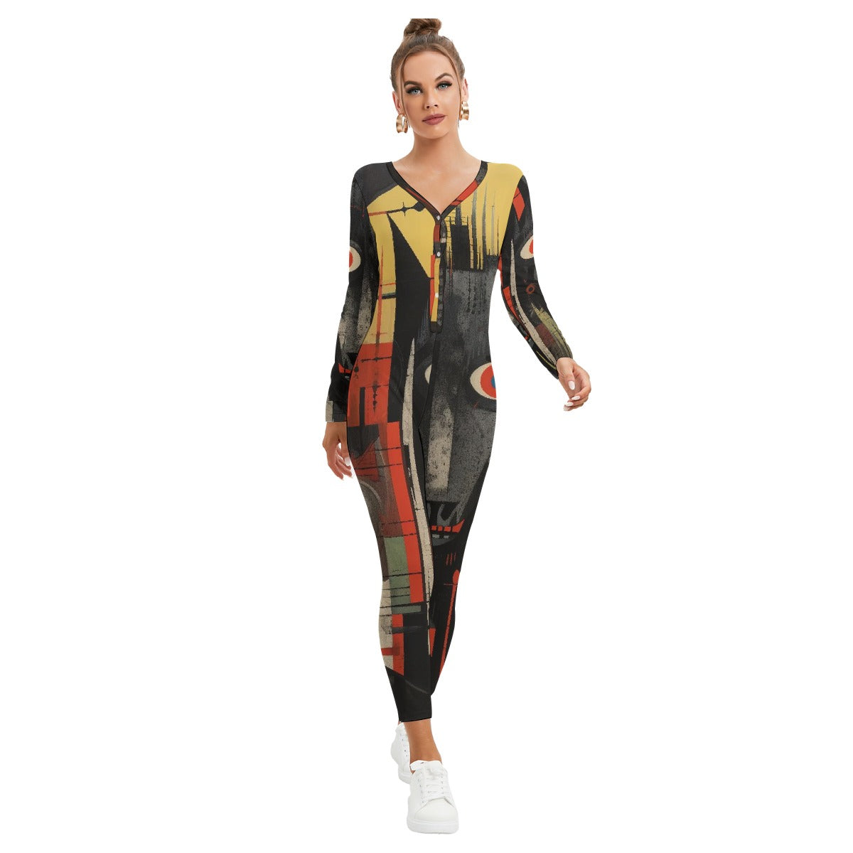 All-Over Print Women's Plunging Neck Jumpsuit