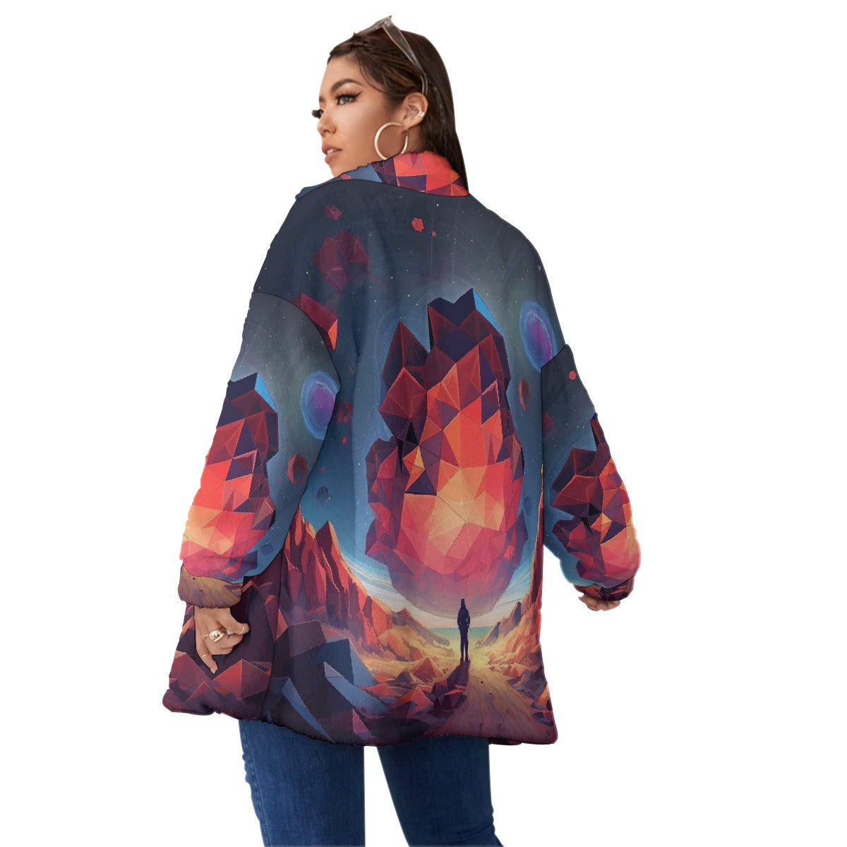 All-Over Print Unisex Borg Fleece Stand-up Collar Coat With Zipper Closure(Plus Size)