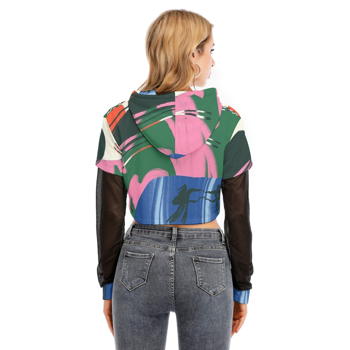 All-Over Print Women's Fake Two-piece Mesh Sleeve Cropped Hoodie