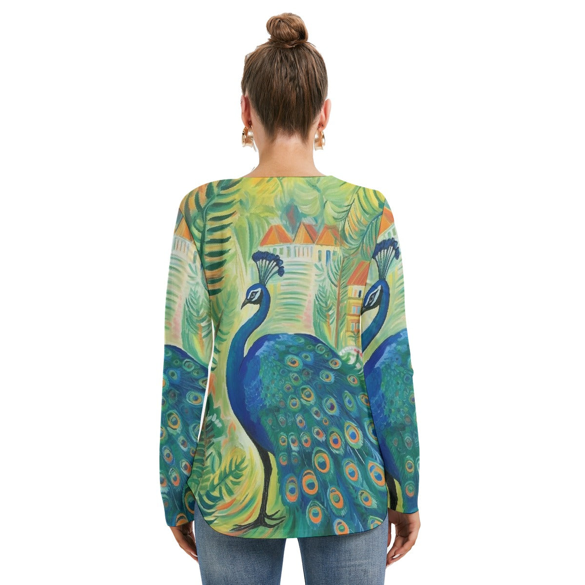 All-Over Print Women's Long Sleeve Neckline Tie Sweatshirt