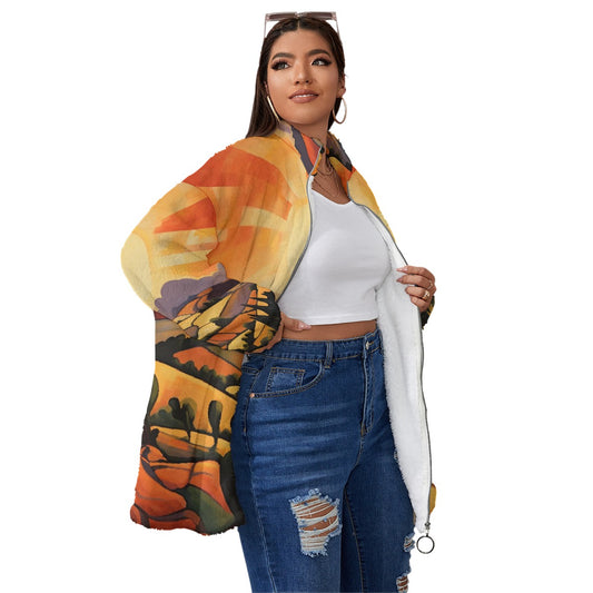 All-Over Print Unisex Borg Fleece Stand-up Collar Coat With Zipper Closure(Plus Size)