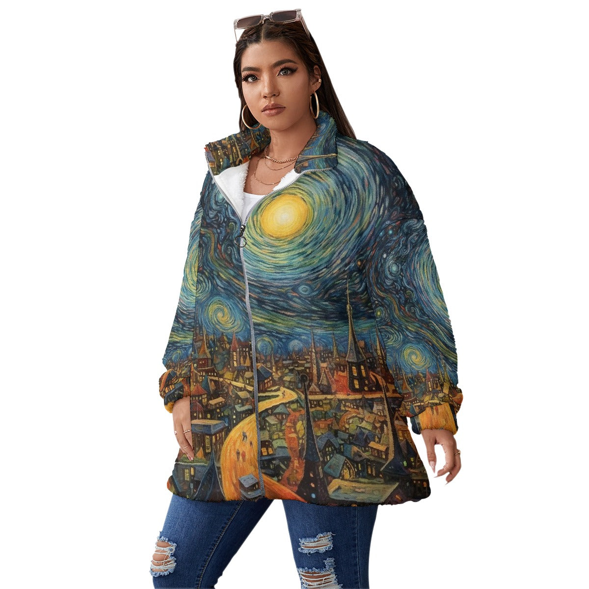All-Over Print Unisex Borg Fleece Stand-up Collar Coat With Zipper Closure(Plus Size)
