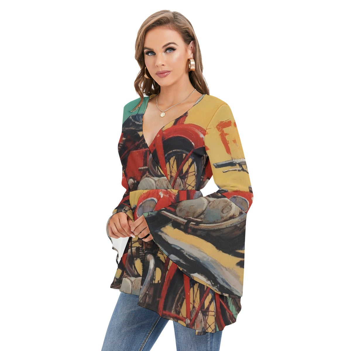 All-Over Print Women's V-neck Blouse With Flared Sleeves