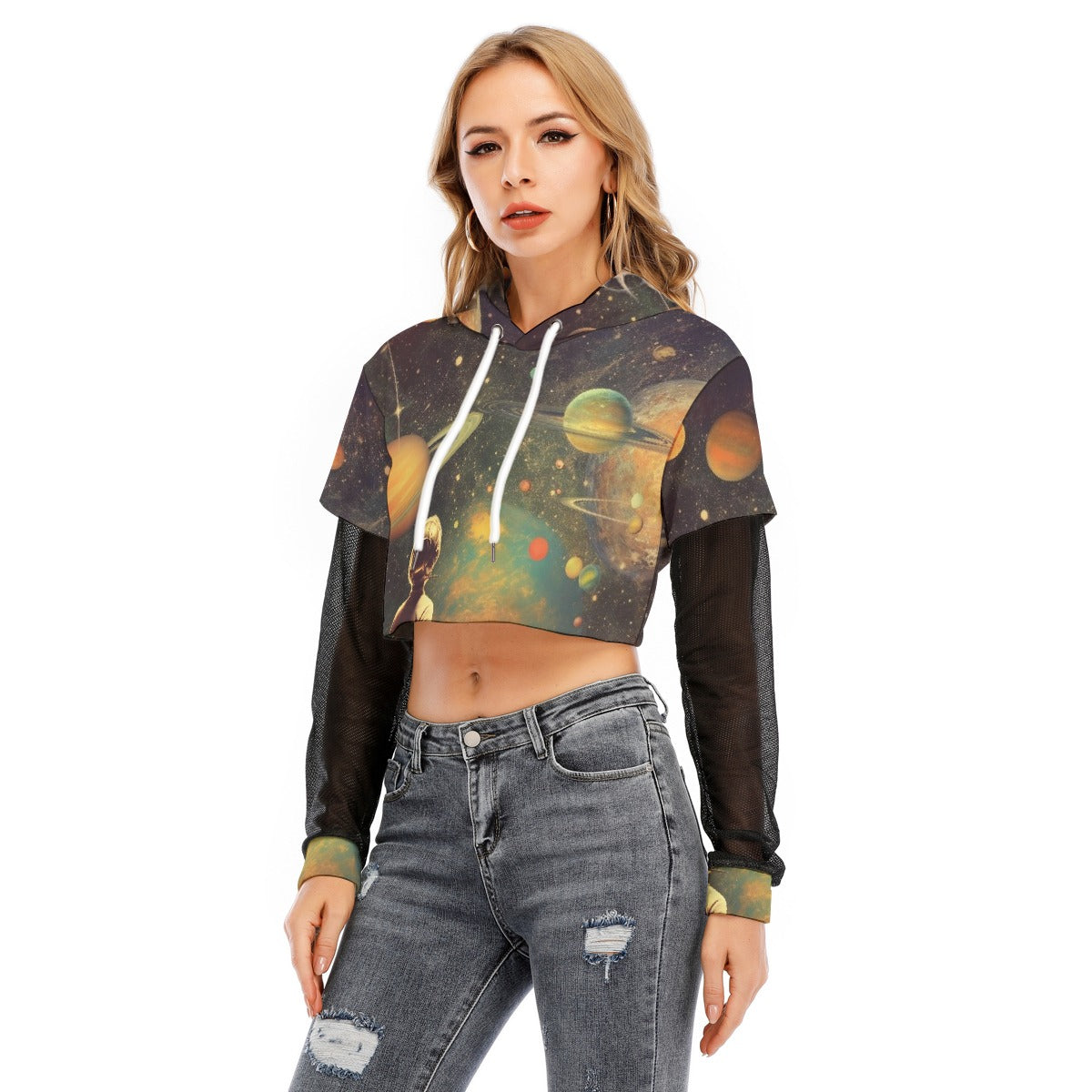 All-Over Print Women's Fake Two-piece Mesh Sleeve Cropped Hoodie