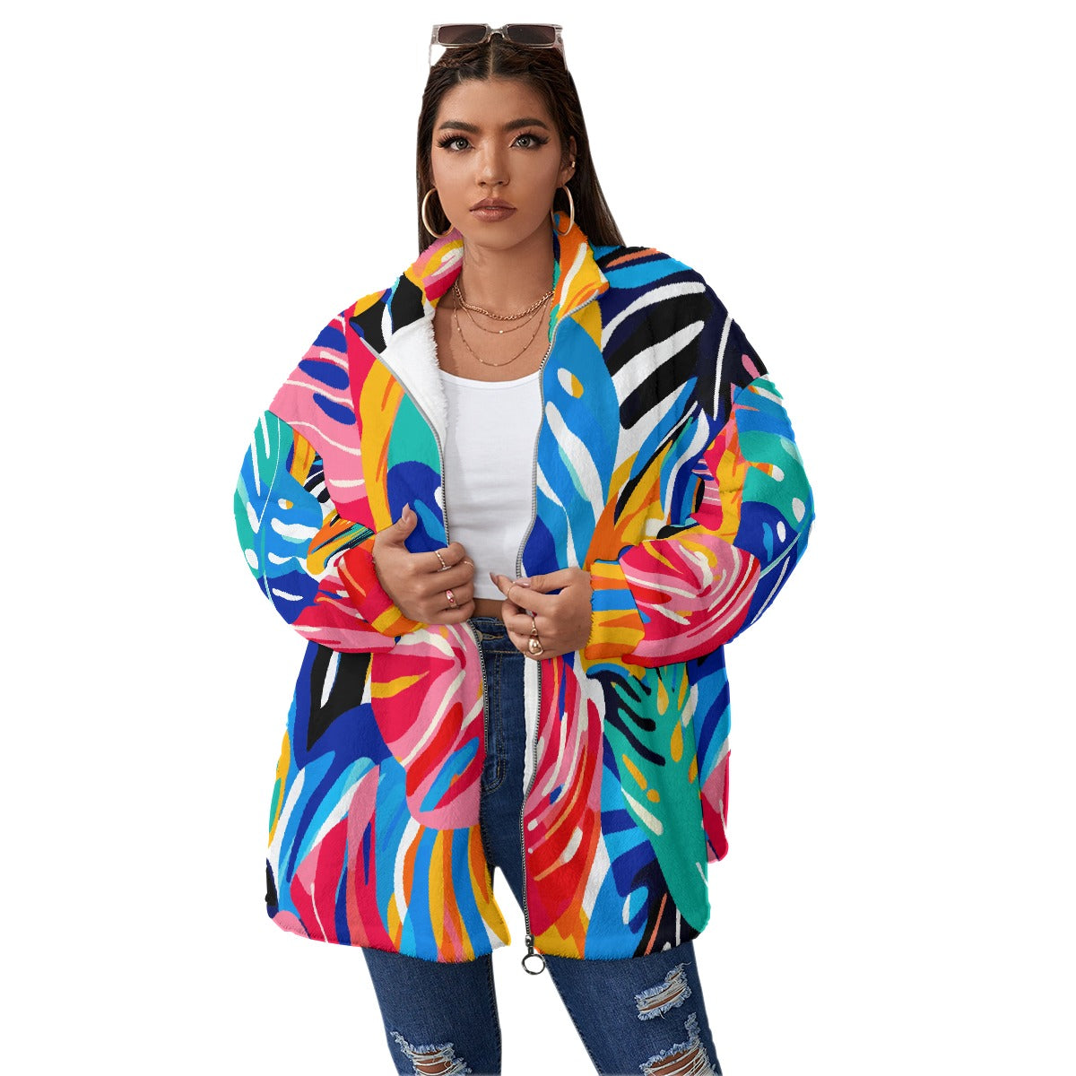 All-Over Print Unisex Borg Fleece Stand-up Collar Coat With Zipper Closure(Plus Size)
