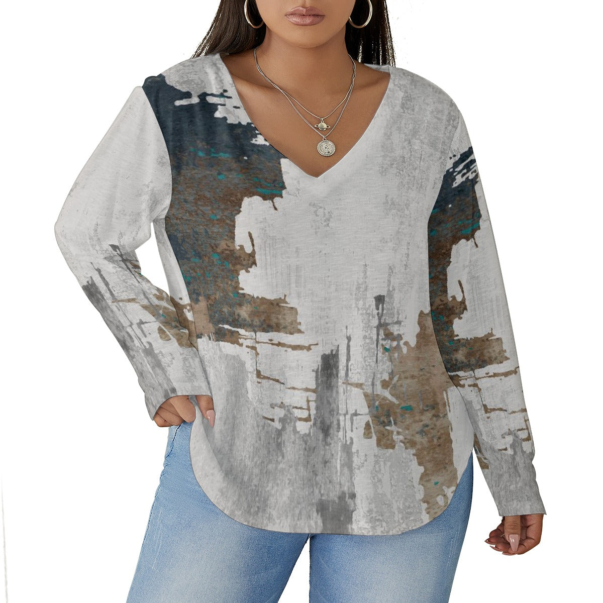 All-Over Print Women's V-neck T-shirt With Curved Hem(Plus Size)