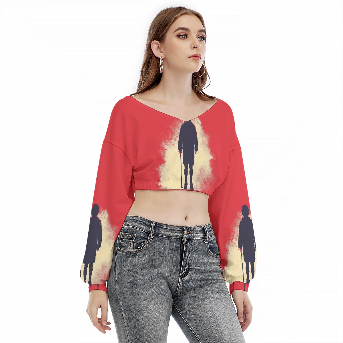 All-Over Print Women's V-neck Long Sleeve Cropped Sweatshirt