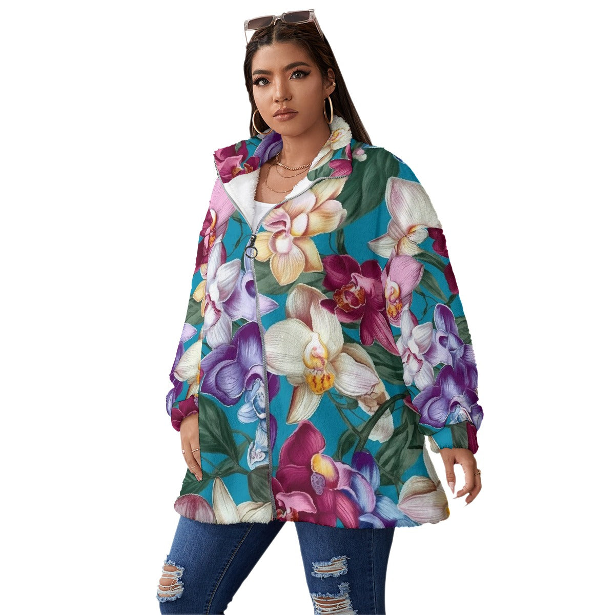 All-Over Print Unisex Borg Fleece Stand-up Collar Coat With Zipper Closure(Plus Size)