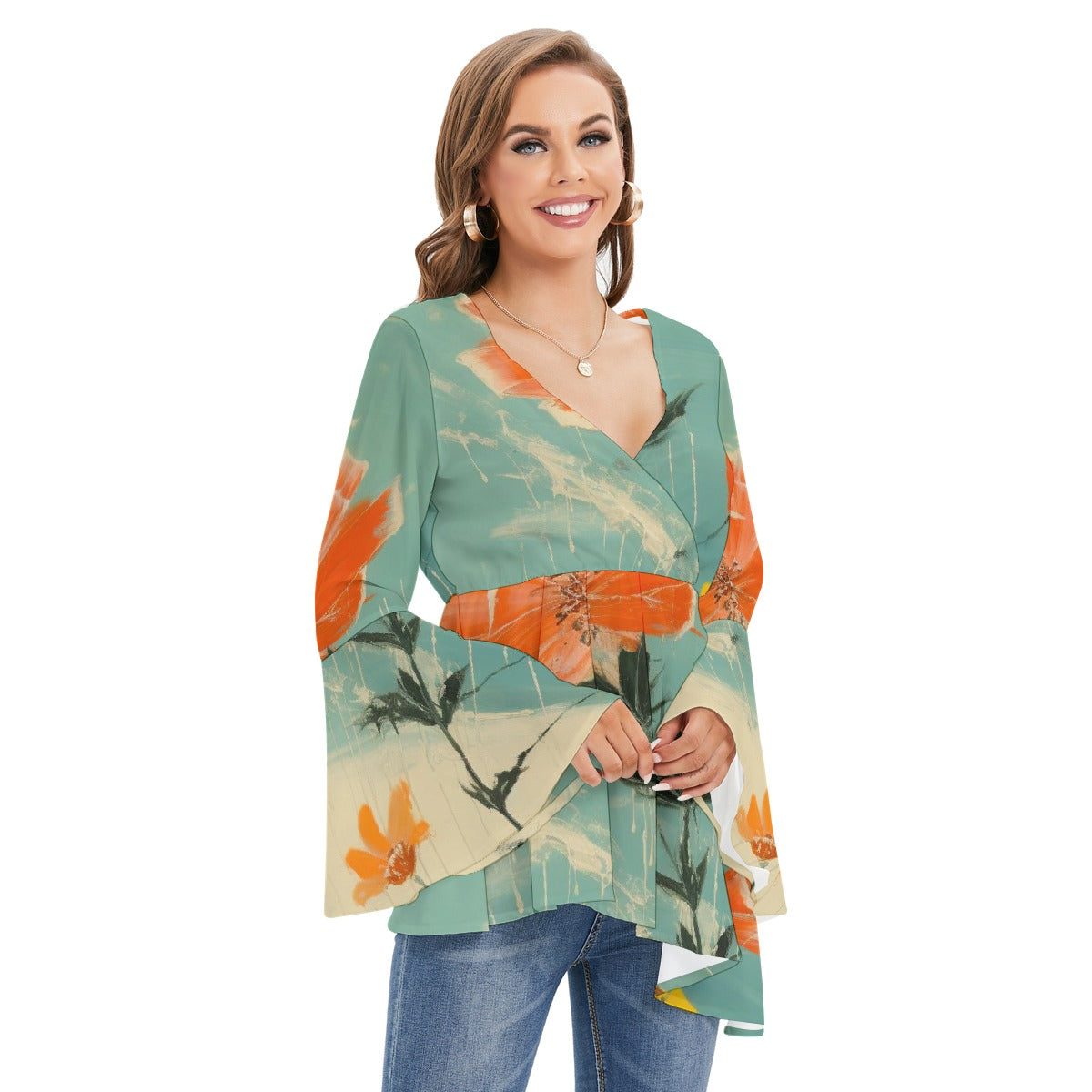 All-Over Print Women's V-neck Blouse With Flared Sleeves