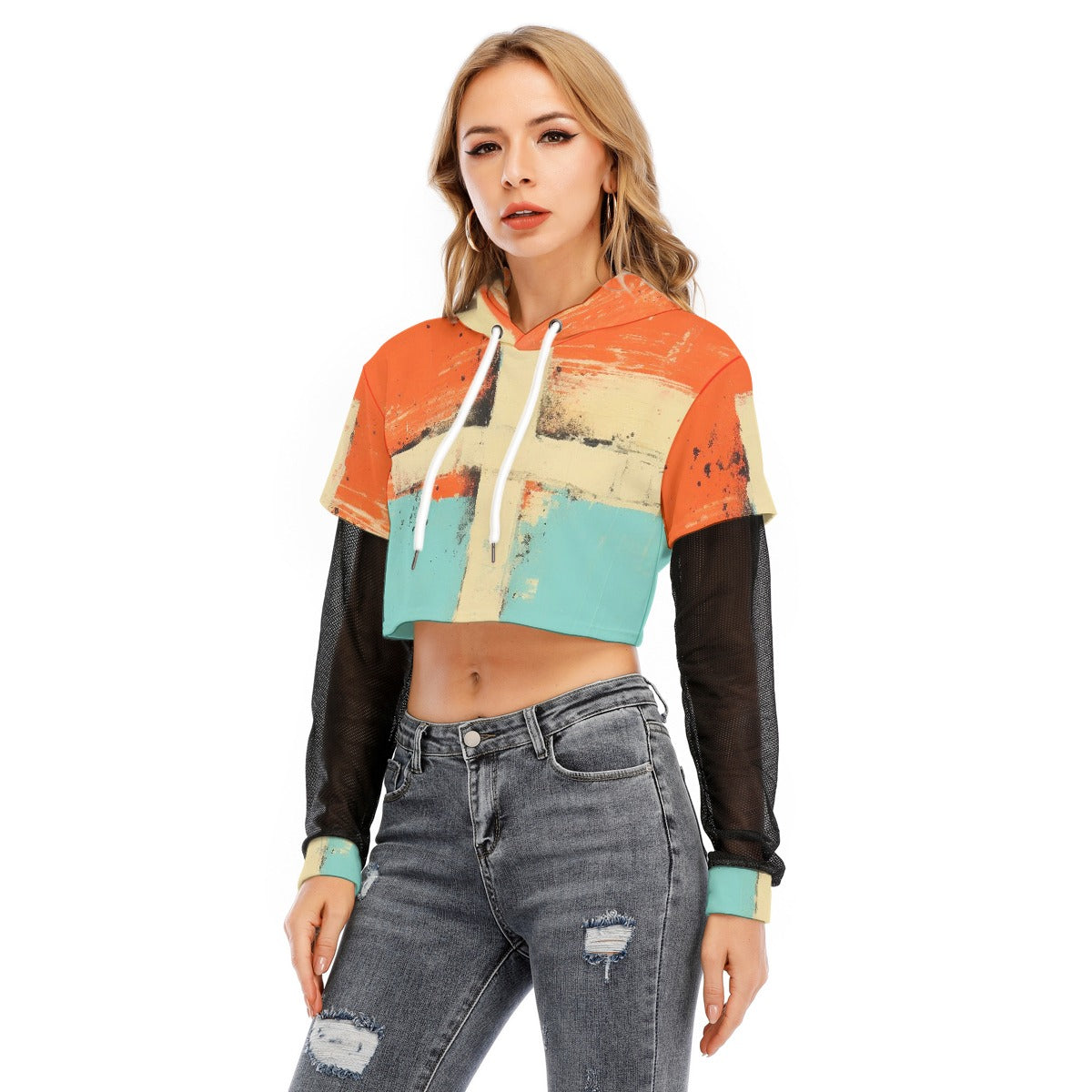 All-Over Print Women's Fake Two-piece Mesh Sleeve Cropped Hoodie