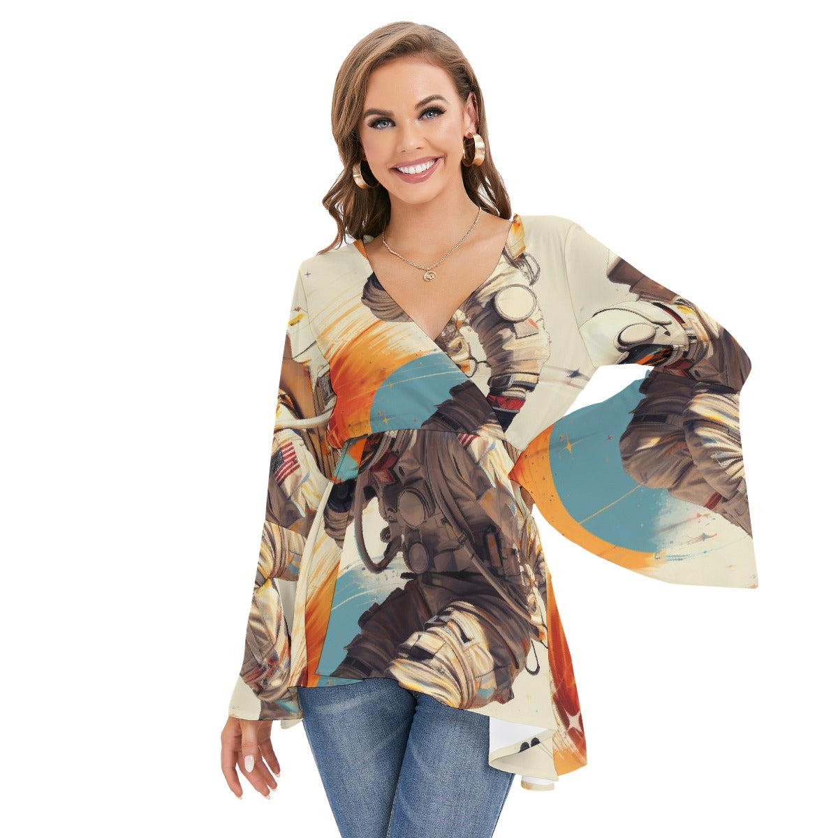 All-Over Print Women's V-neck Blouse With Flared Sleeves