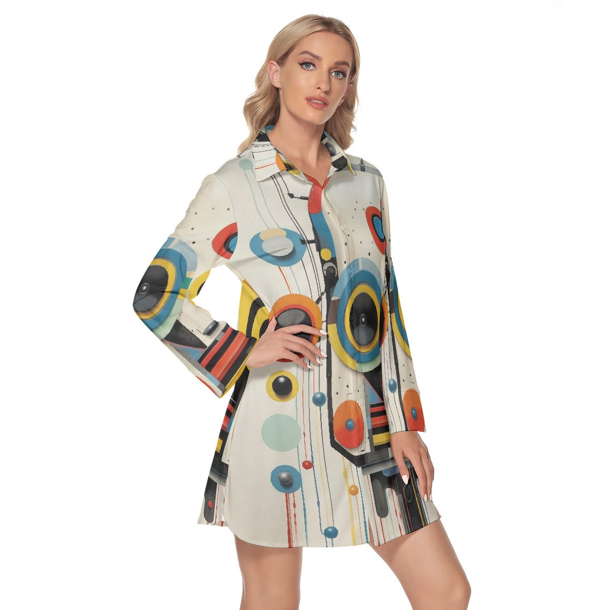All-Over Print Women's Lapel Shirt Dress With Long Sleeve