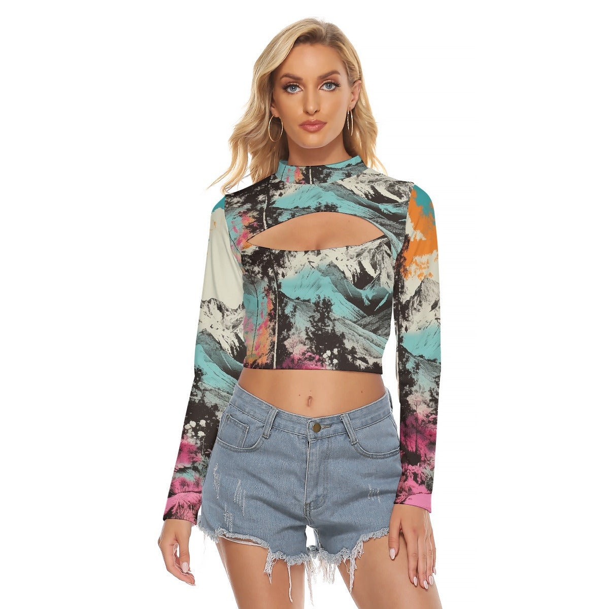All-Over Print Women's Hollow Chest Keyhole Tight Crop Top