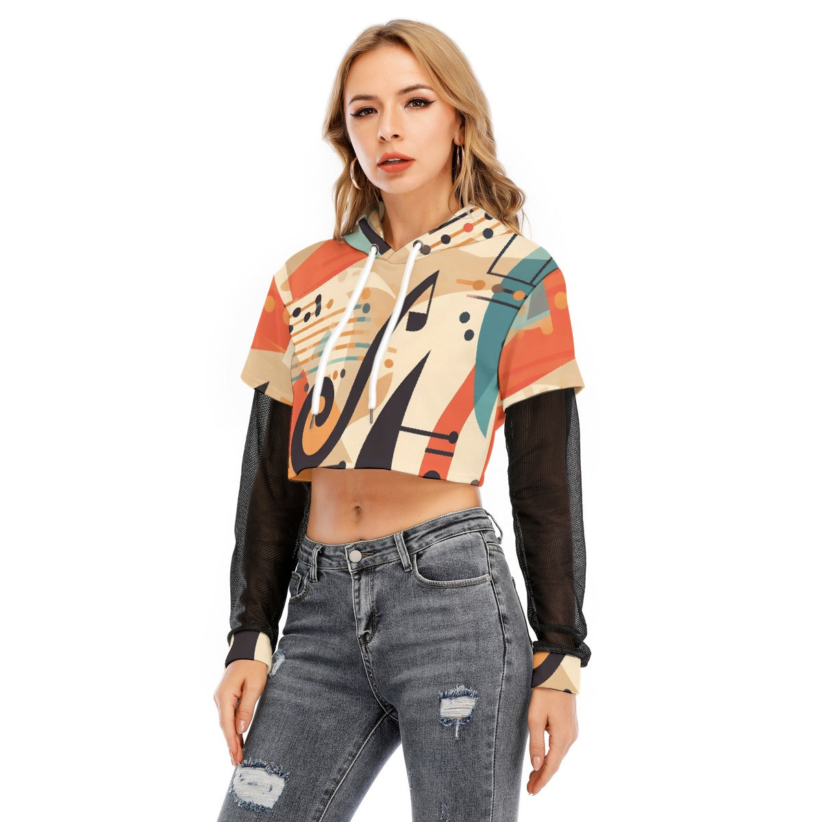 All-Over Print Women's Fake Two-piece Mesh Sleeve Cropped Hoodie