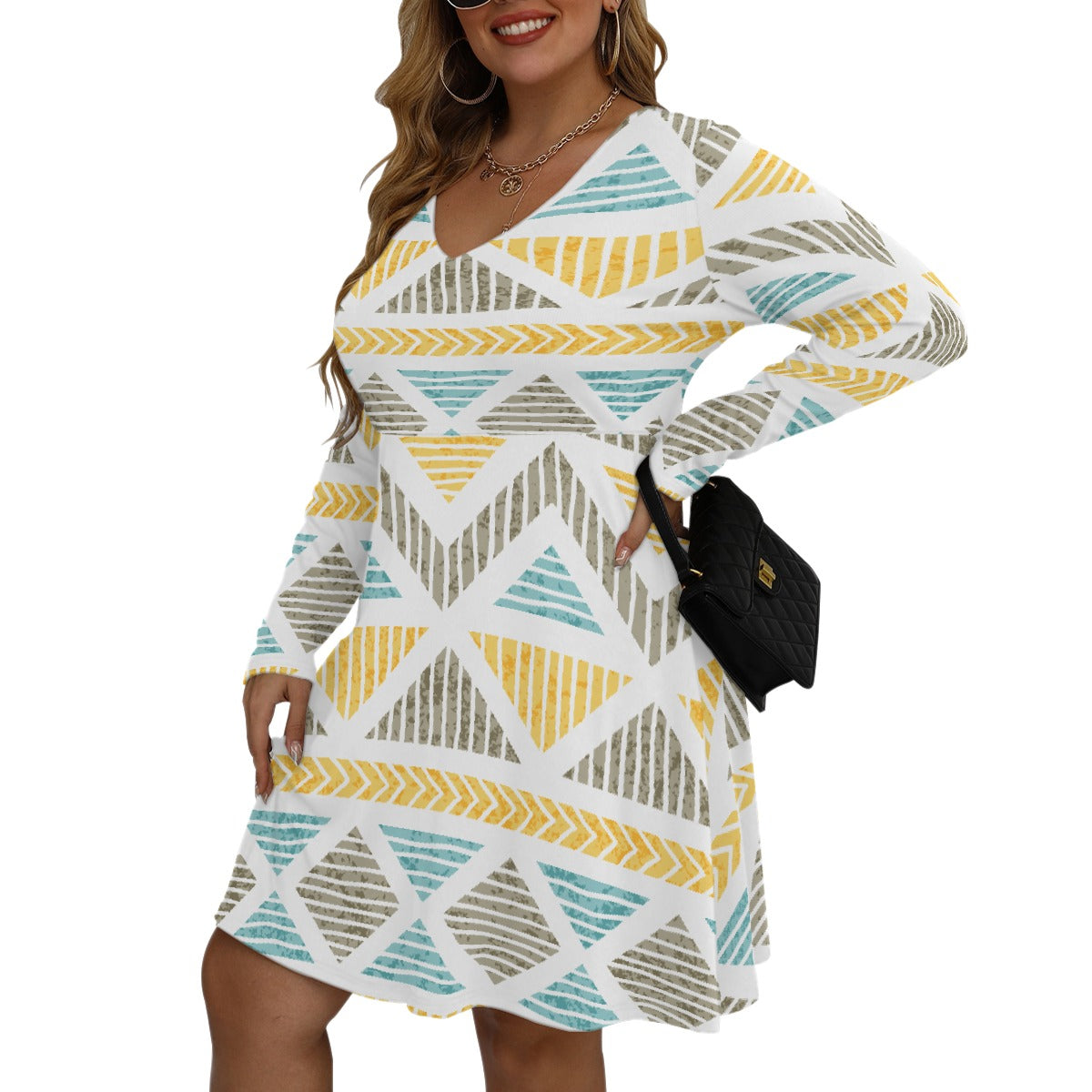 All-Over Print Women's V-neck Long Sleeve Dress(Plus Size)