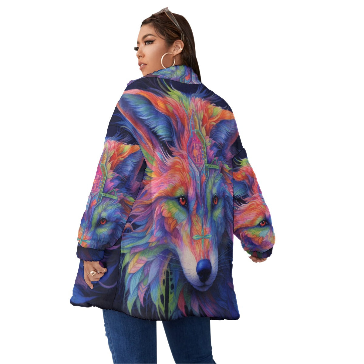 All-Over Print Unisex Borg Fleece Stand-up Collar Coat With Zipper Closure(Plus Size)
