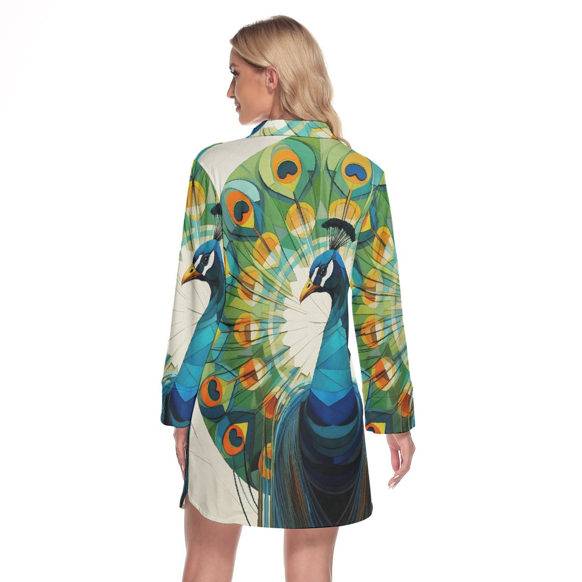 All-Over Print Women's Lapel Shirt Dress With Long Sleeve