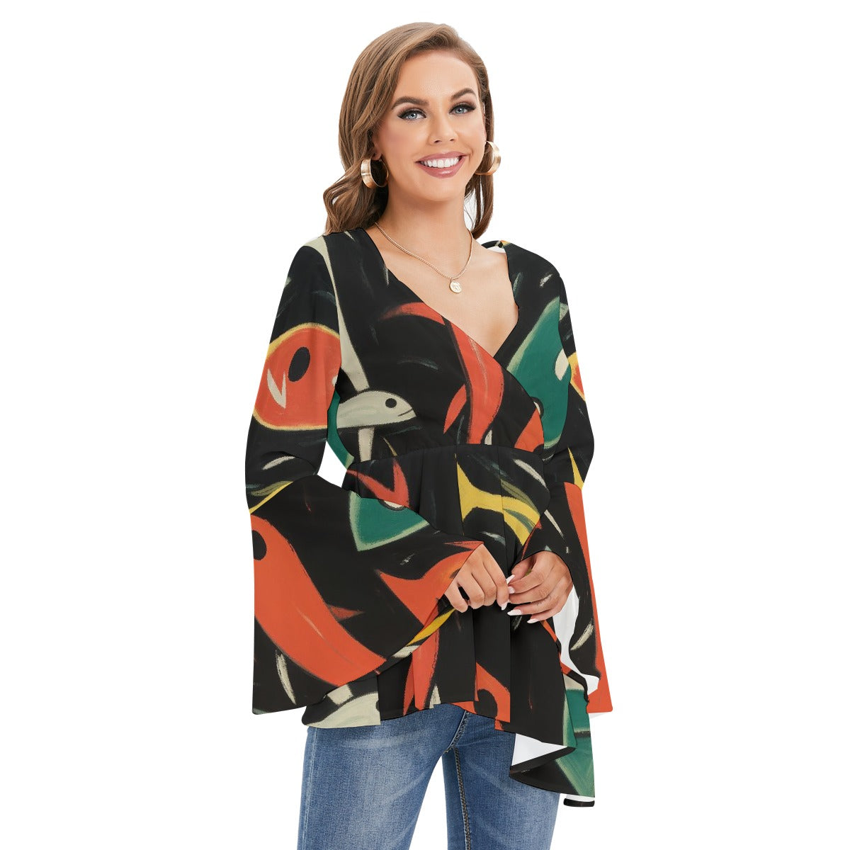 All-Over Print Women's V-neck Blouse With Flared Sleeves