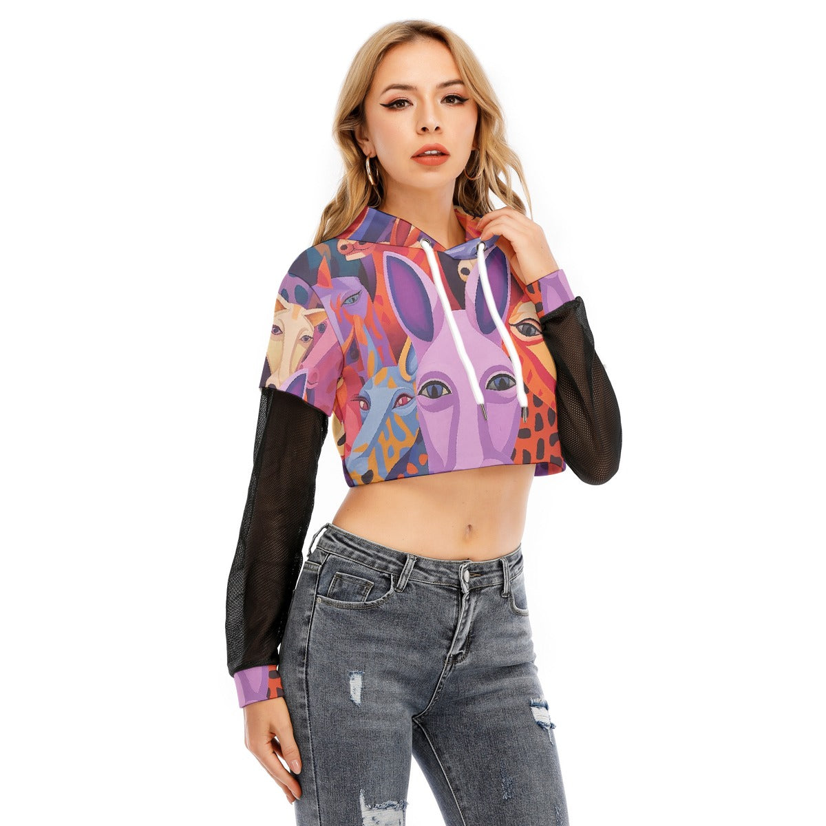 All-Over Print Women's Fake Two-piece Mesh Sleeve Cropped Hoodie