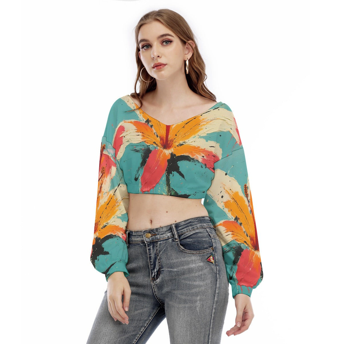 All-Over Print Women's V-neck Long Sleeve Cropped Sweatshirt