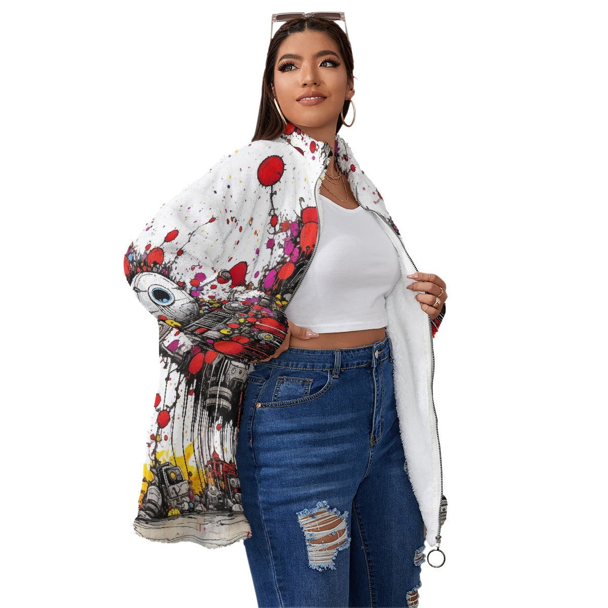 All-Over Print Unisex Borg Fleece Stand-up Collar Coat With Zipper Closure(Plus Size)