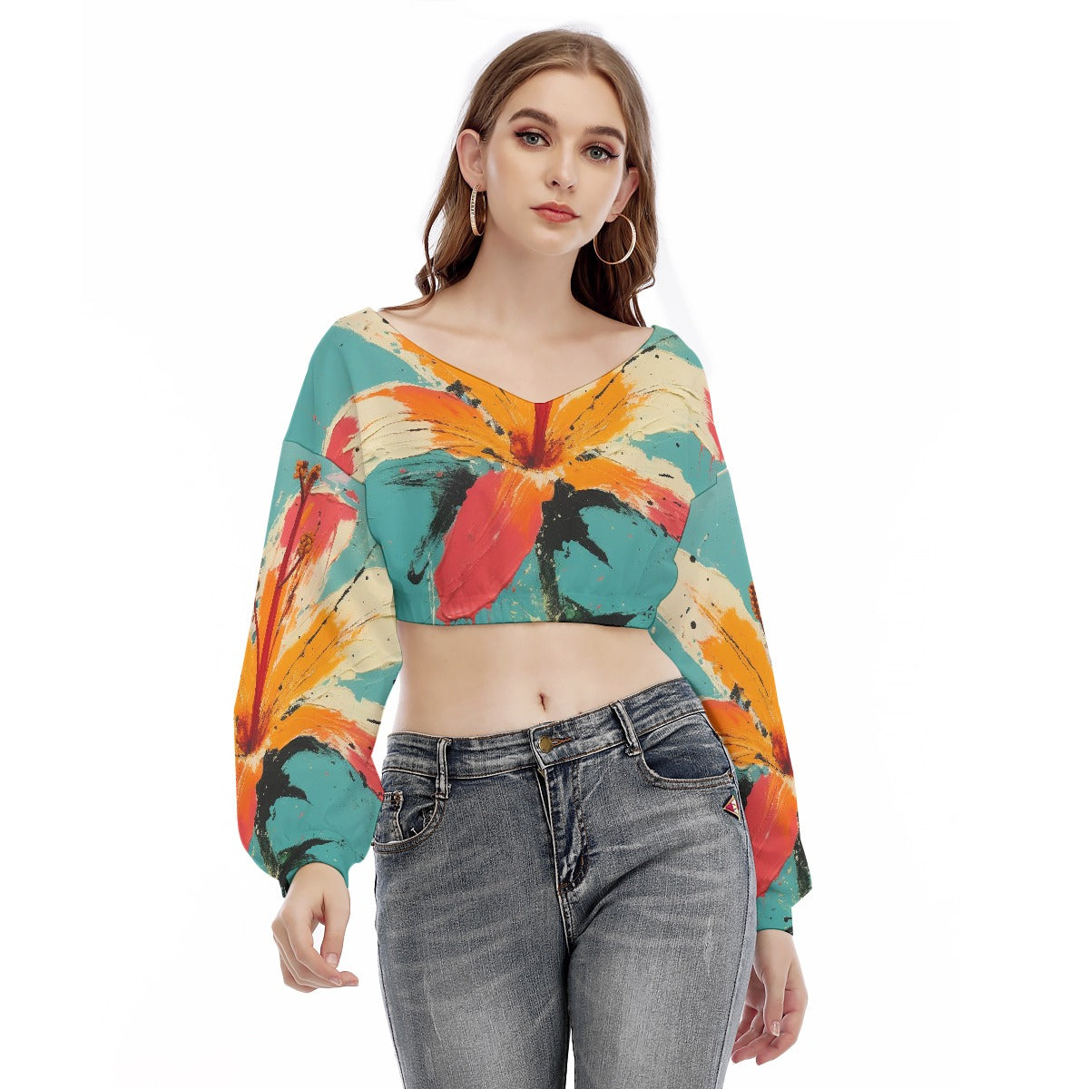 All-Over Print Women's V-neck Long Sleeve Cropped Sweatshirt