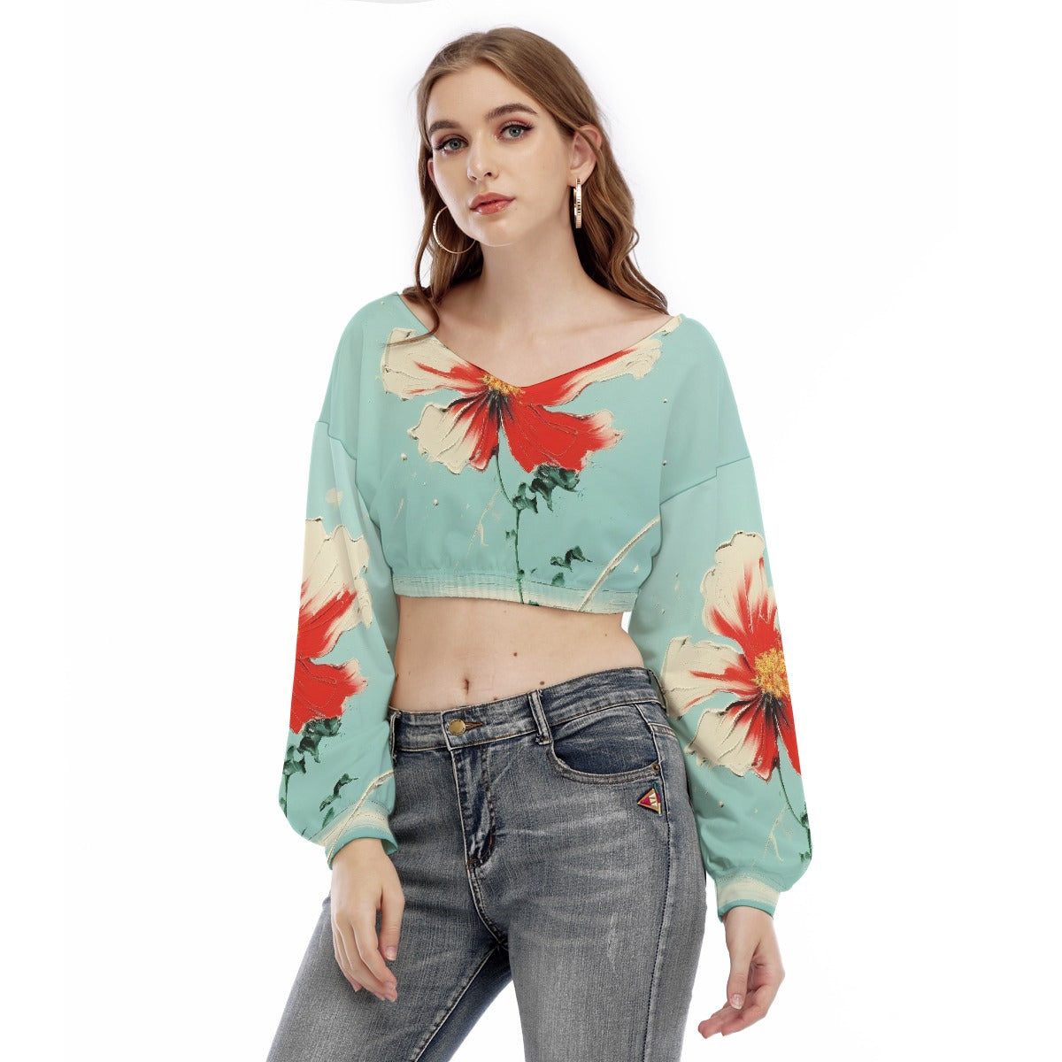 All-Over Print Women's V-neck Long Sleeve Cropped Sweatshirt