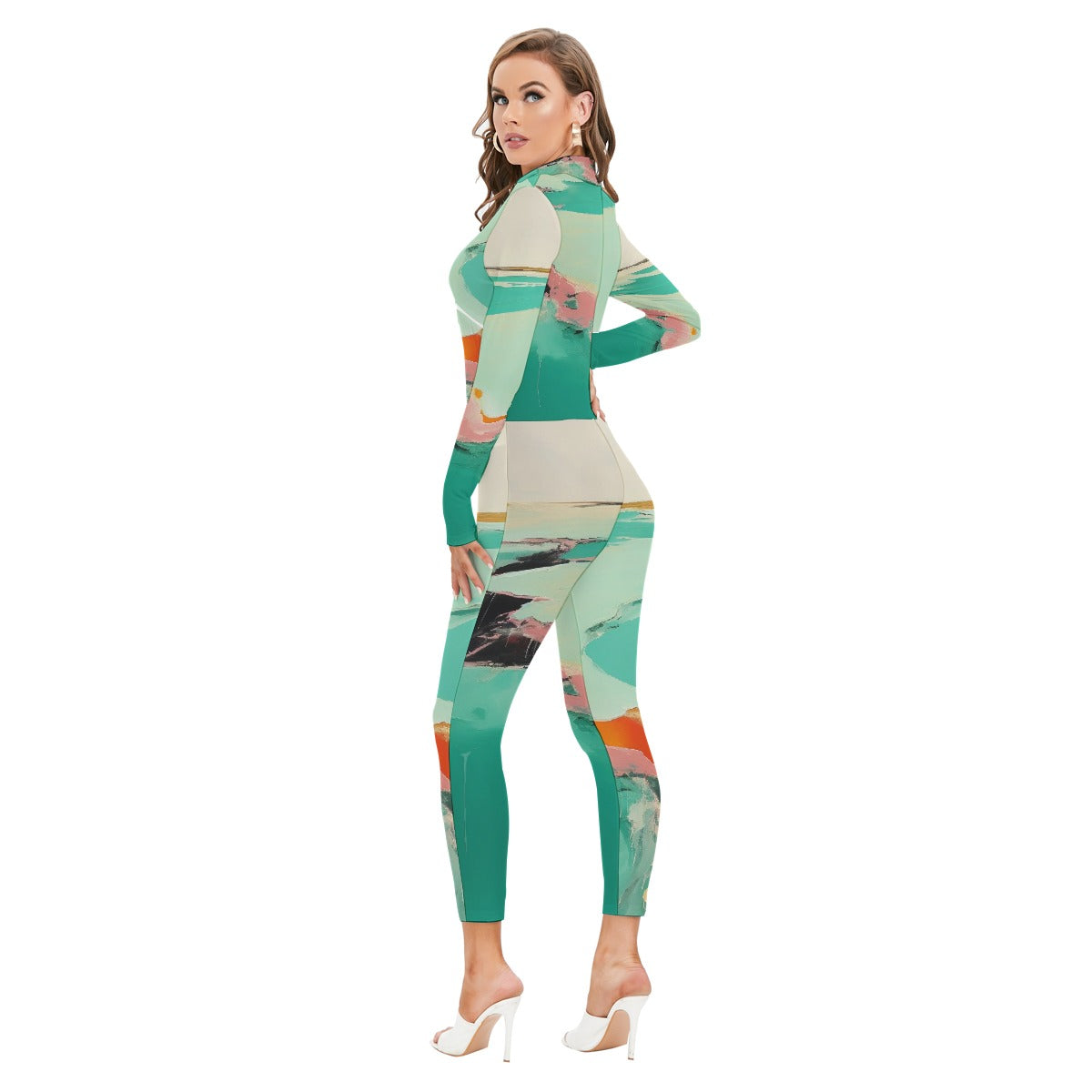 All-Over Print Women's Long-sleeved High-neck Jumpsuit With Zipper