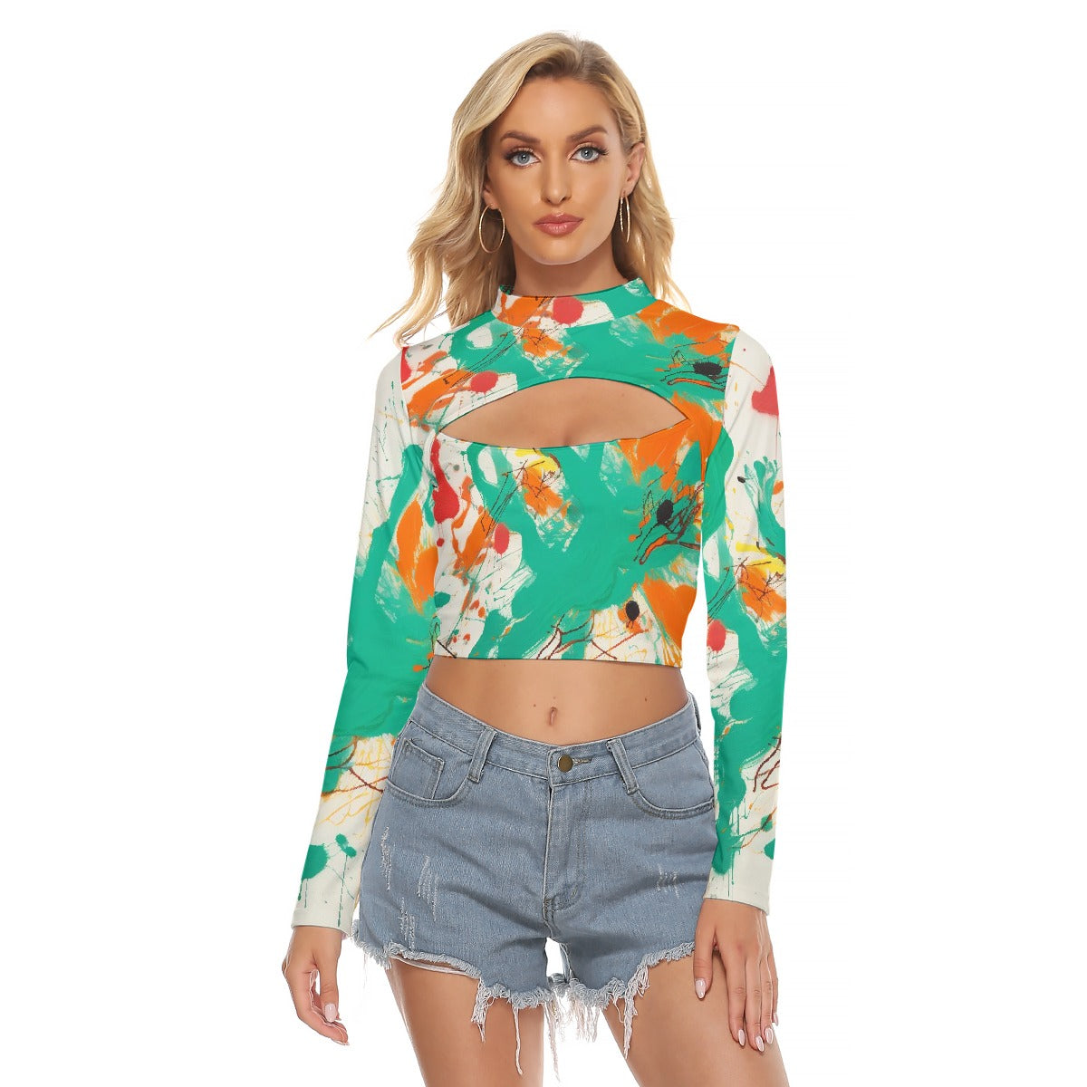 All-Over Print Women's Hollow Chest Keyhole Tight Crop Top