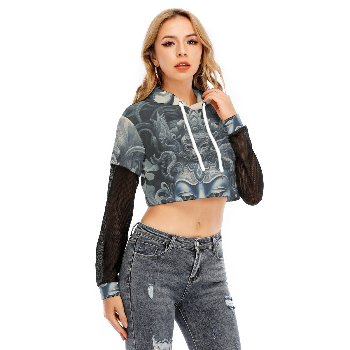 All-Over Print Women's Fake Two-piece Mesh Sleeve Cropped Hoodie