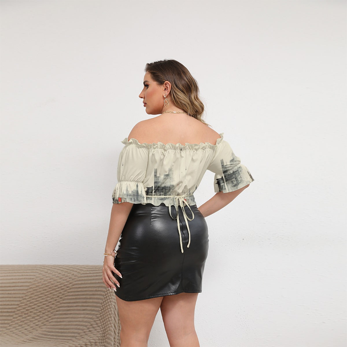 All-Over Print Women's Off-shoulder Cropped Top With Short Puff Sleeve