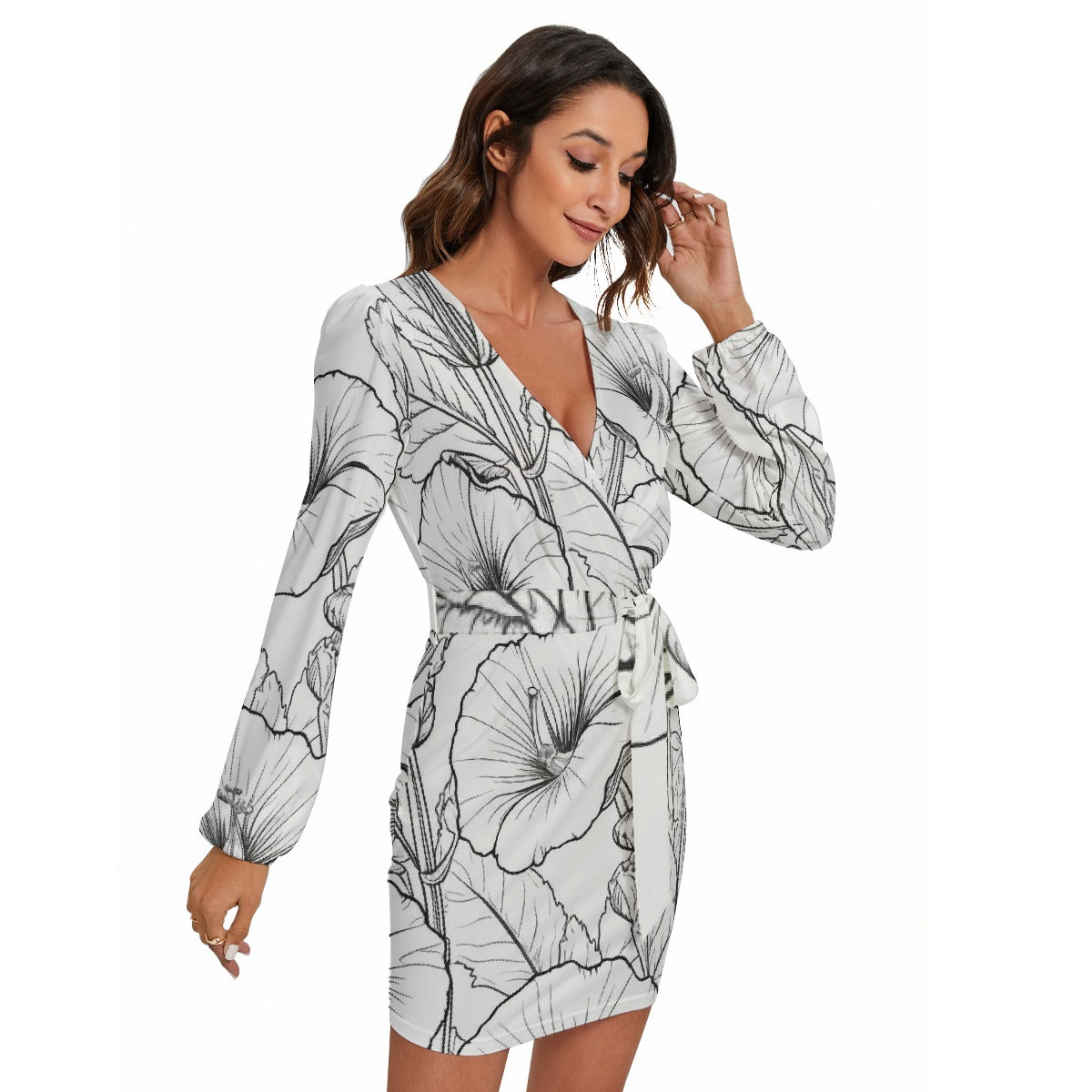 All-Over Print Women's Long Sleeve Dress With Waist Belt