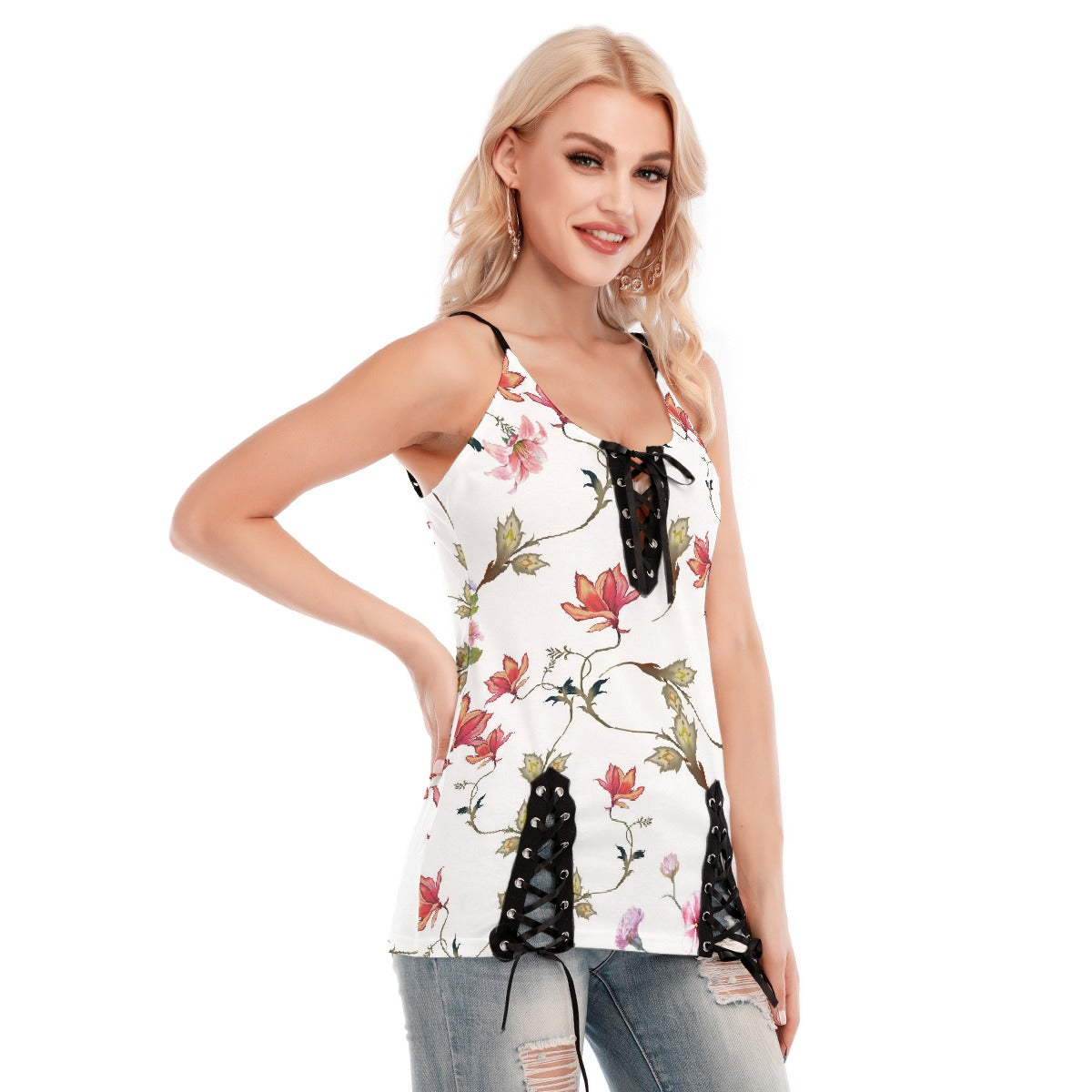 All-Over Print Women's V-neck Eyelet Lace-up Cami Dress