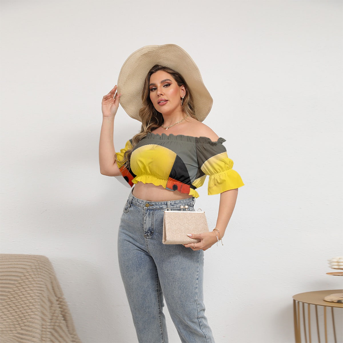 All-Over Print Women's Off-shoulder Cropped Top With Short Puff Sleeve