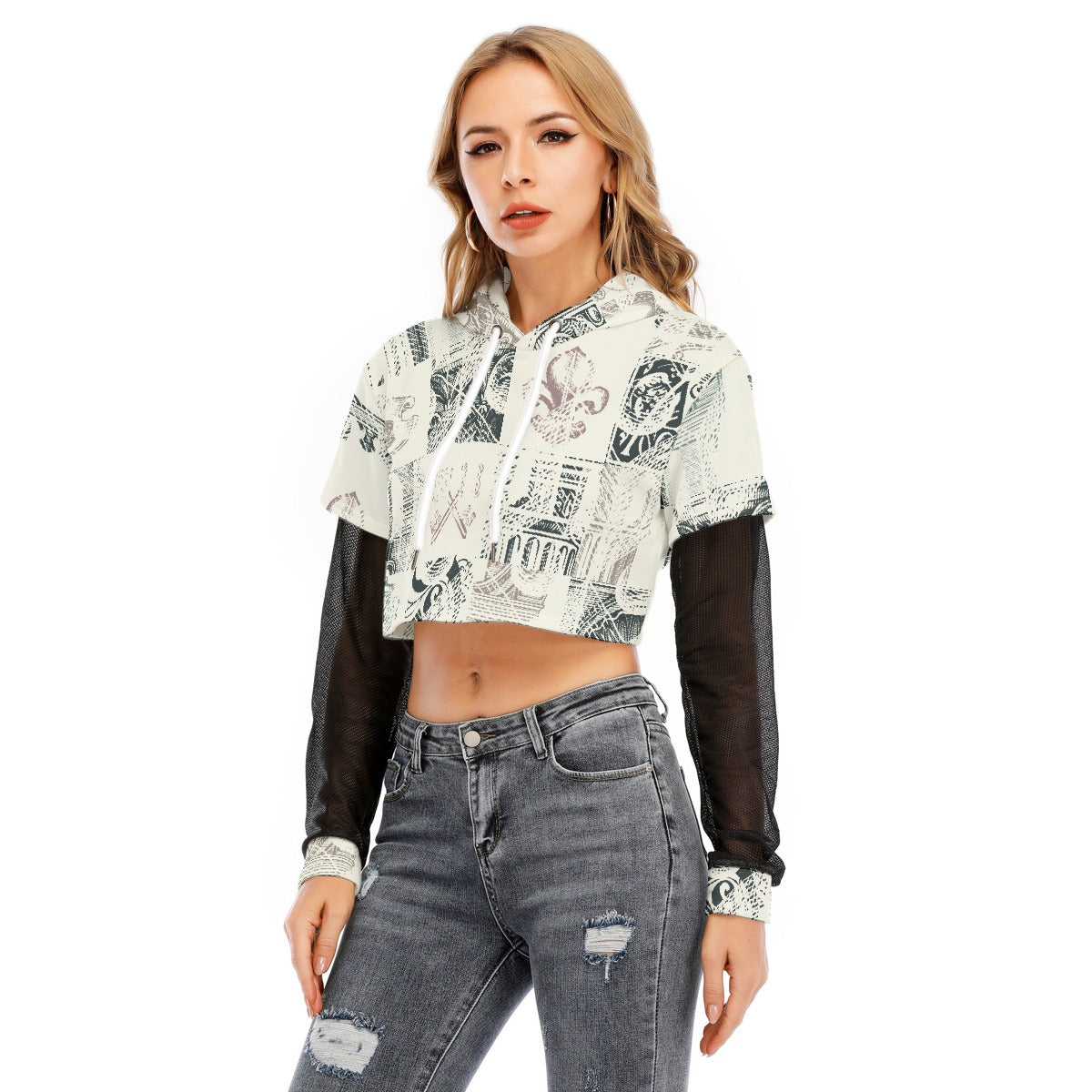 All-Over Print Women's Fake Two-piece Mesh Sleeve Cropped Hoodie