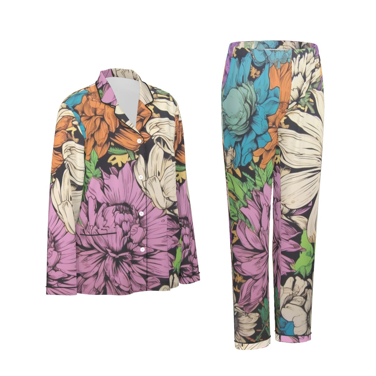 All-Over Print Women's Long Sleeve Pajama Set With Black Contrast Piping