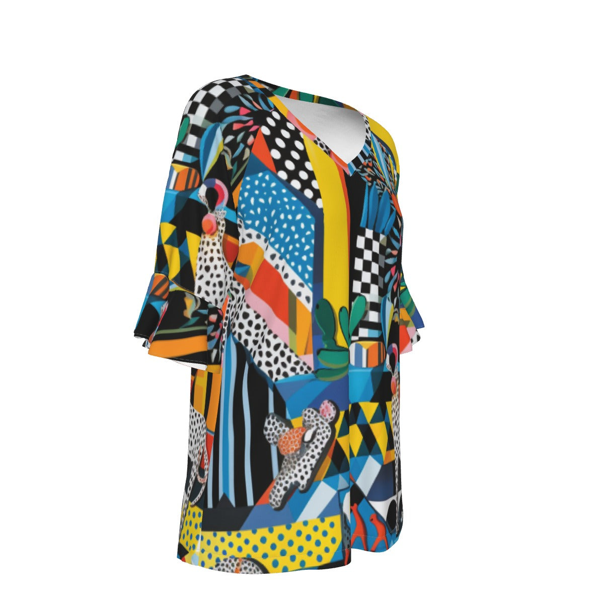 All-Over Print V-neck Women's T-shirt With Bell Sleeve